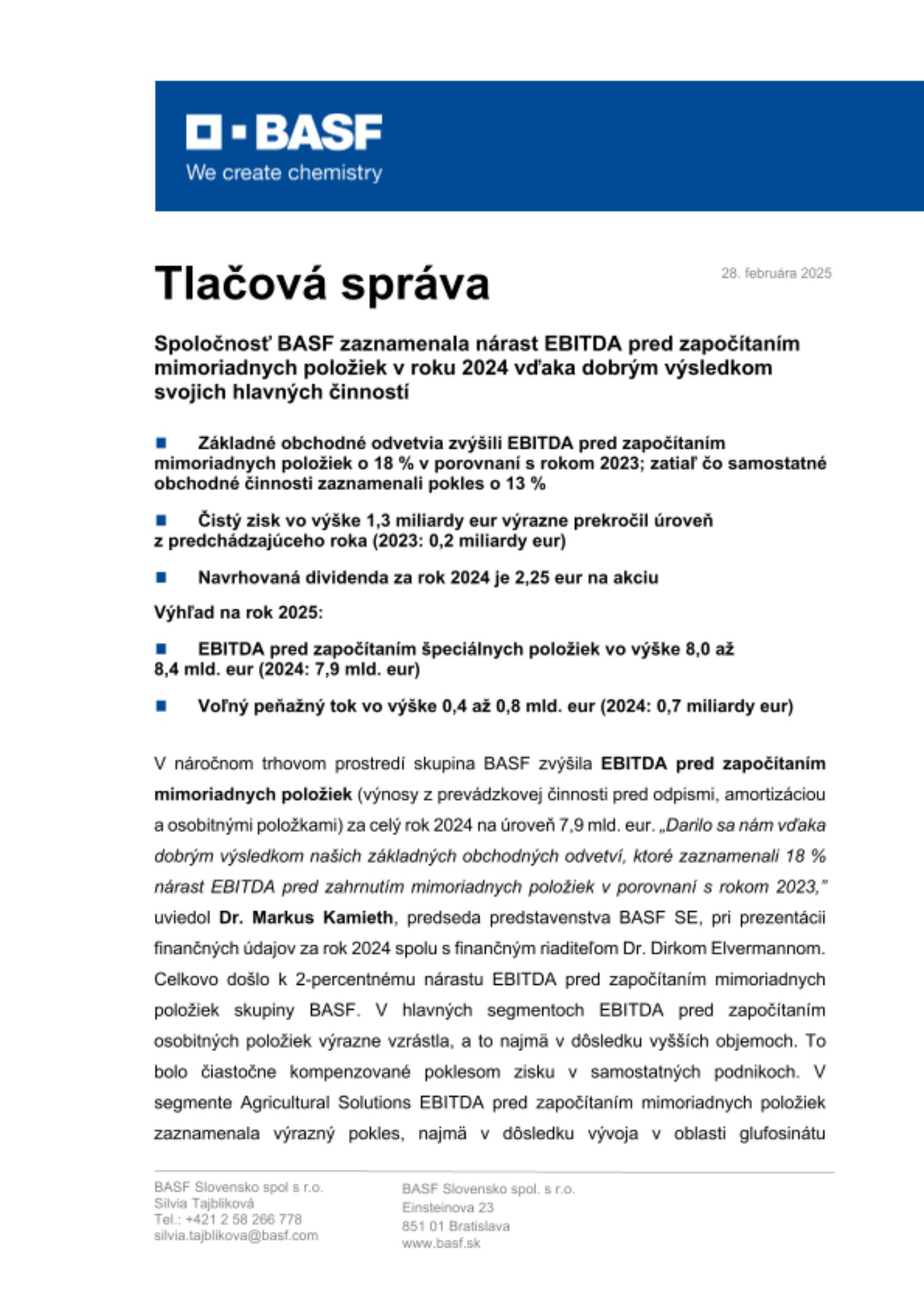 Finančné údaje BASF za rok 2024